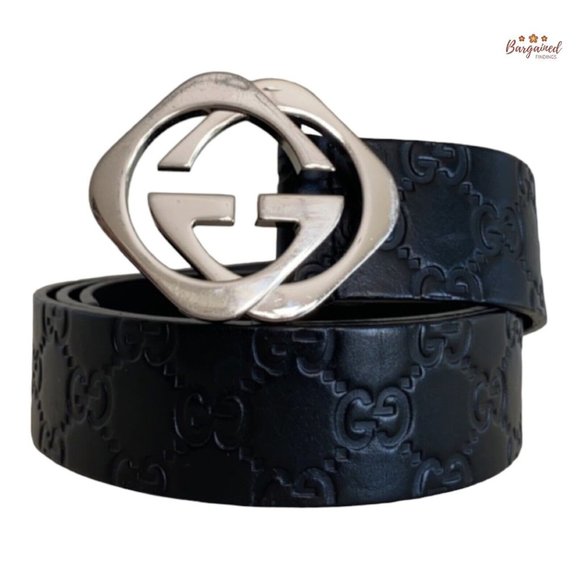 Authentic Gucci Black Monogram Leather Silver Interlocking Square G Belt 100/40 - Picture 1 of 13